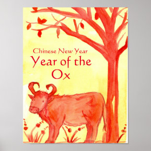 Chinesisches Neujahr der Ox-Aquarellbilder Poster
