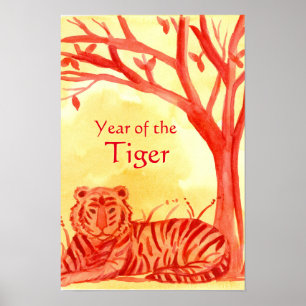 Chinesisches Neujahr der Tiger Wildkatze Rot Poster