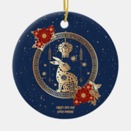Chinesisches Neujahr des Kaninchens 2023 Blaue gol Keramik Ornament