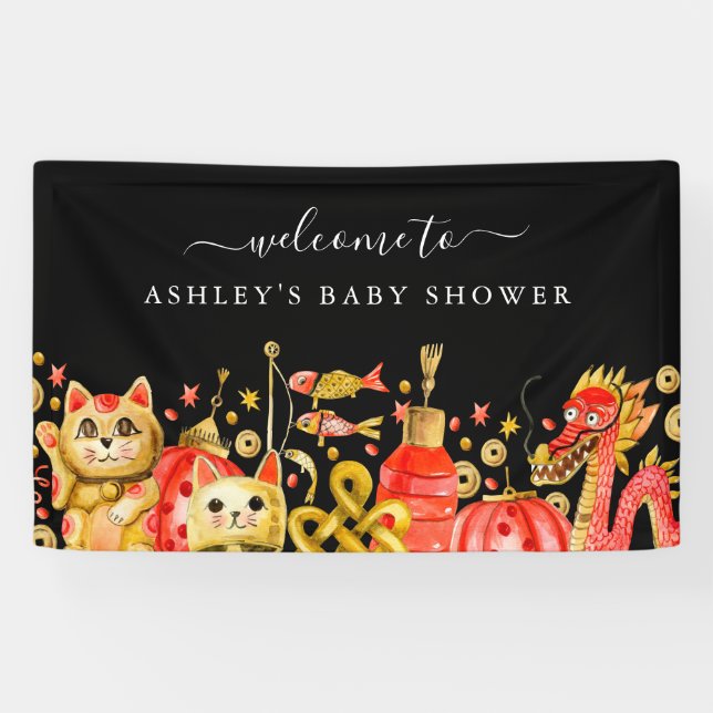 Chinesisches Neujahr | Dragon & Lucky Cat Willkomm Banner (Horizontal)