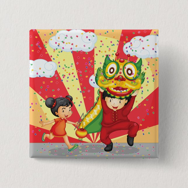 Chinesisches Neujahr Kinder Löwentanz und Laterne Button (Vorderseite)