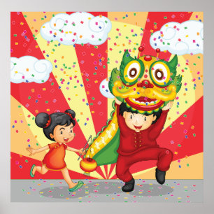 Chinesisches Neujahr Kinder Löwentanz und Laterne Poster