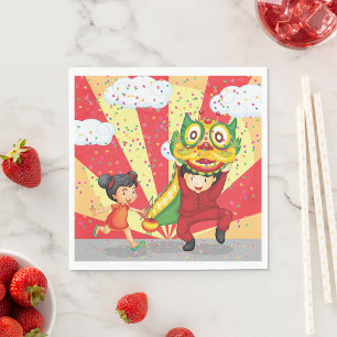Chinesisches Neujahr Kinder Löwentanz und Laterne Serviette