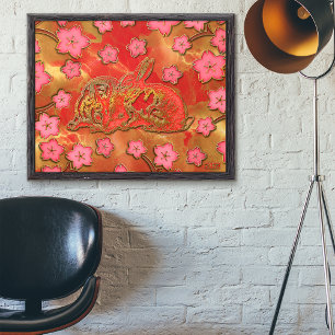 Chinesisches Neujahr Kirschblüten Rot Gold Kaninch Poster