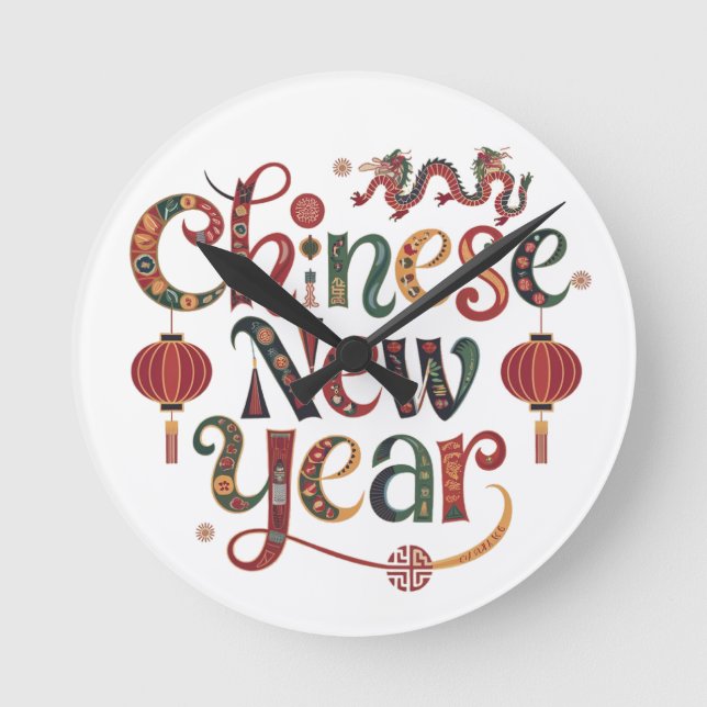 Chinesisches Neujahr Runde Wanduhr (Vorderseite)