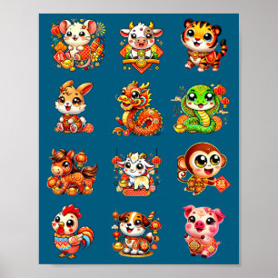 Chinesisches Neujahr Süß 12 Tierkreiszeichen Lunar Poster