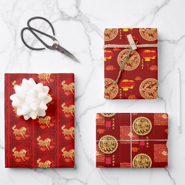 Chinesisches Neujahrs-Pferd 2026 3WpS2 Geschenkpapier Set (Vorderseite)
