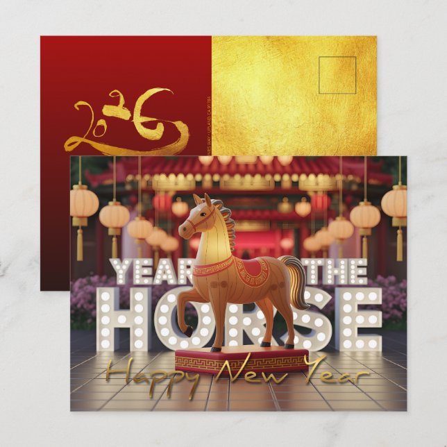 Chinesisches Neujahrs-Pferd im Disco-Stil mit Text Postkarte (Vorne/Hinten)