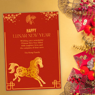 Chinesisches Neujahrs-Pferd in Rot und Gold Feiertagskarte