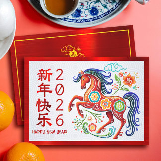 Chinesisches Neujahrsfest Pferd Papercut 2026 Rot Feiertagskarte
