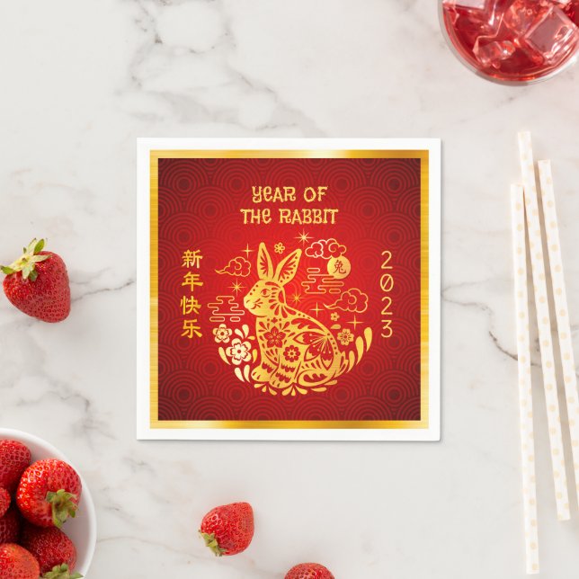 Chinesisches Neujahrskrabbit 2023 Gold Foil Red Mo Serviette (Beispiel)