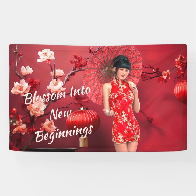 Chinesisches Neujahrsmädchen mit einem roten Regen Banner (Horizontal)