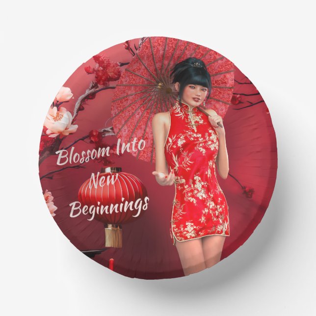Chinesisches Neujahrsmädchen mit einem roten Regen Pappteller (Vorderseite)