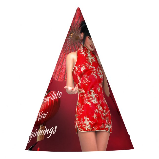 Chinesisches Neujahrsmädchen mit einem roten Regen Partyhütchen (Vorderseite)