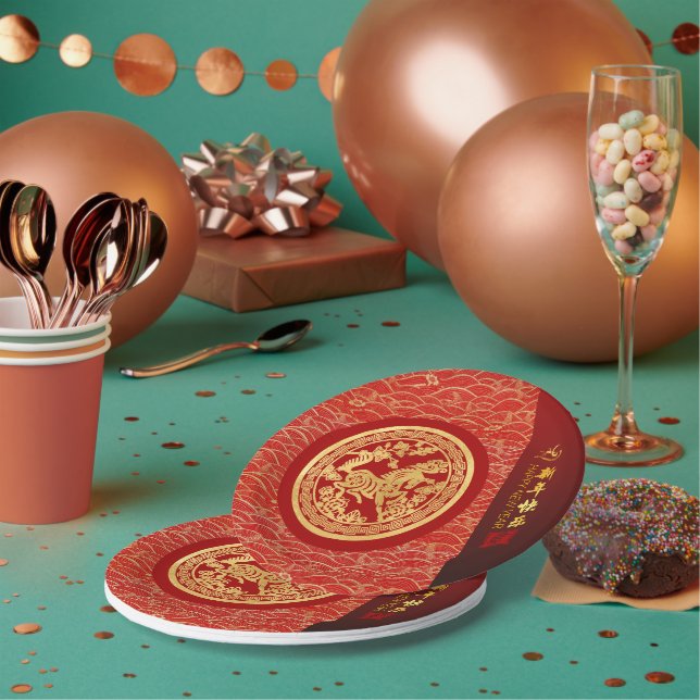 Chinesisches Neujahrspferd 2026 Gold Red PPRP Pappteller (Multi)