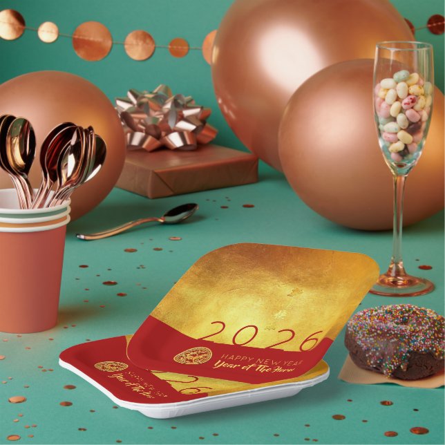 Chinesisches Neujahrspferd 2026 Red Gold SqPP Pappteller (Multi)