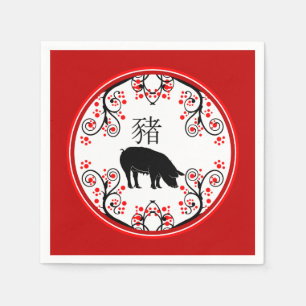 Chinesisches Neujahrsschweinchen mit roten Blüten Serviette