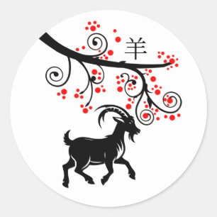 Chinesisches Neujahrsziege und rote Blüten Runder Aufkleber