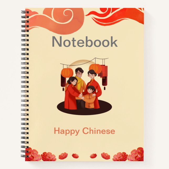 Chinesisches Notebook in Rot und Beige Happy Notizbuch (Vorderseite)