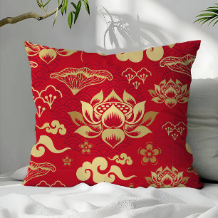 Chinesisches Orientalisches Rotes Gold Lotus Muste Kissen