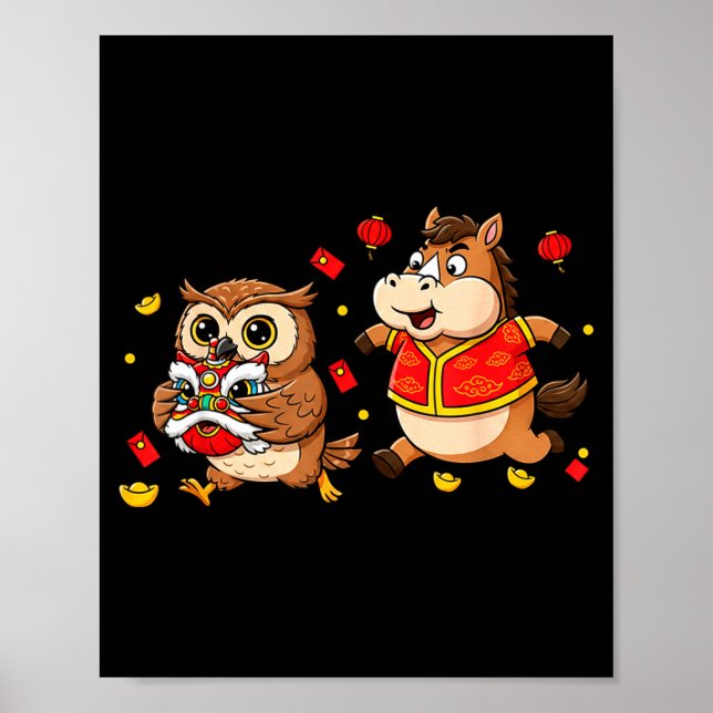 Chinesisches Pferd Eule Lustig Kinder Männer Fraue Poster (Vorne)