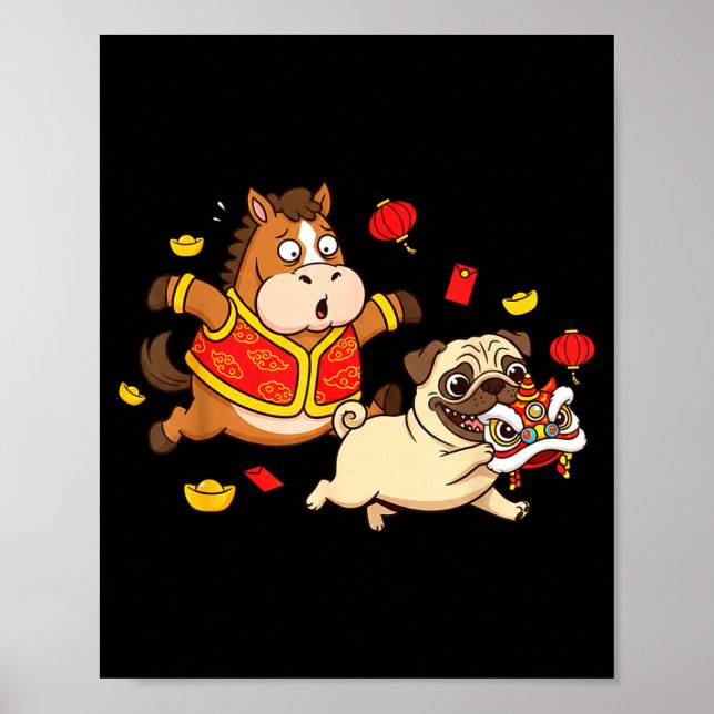 Chinesisches Pferd Mops Lustige Kinder Männer Frau Poster (Vorne)