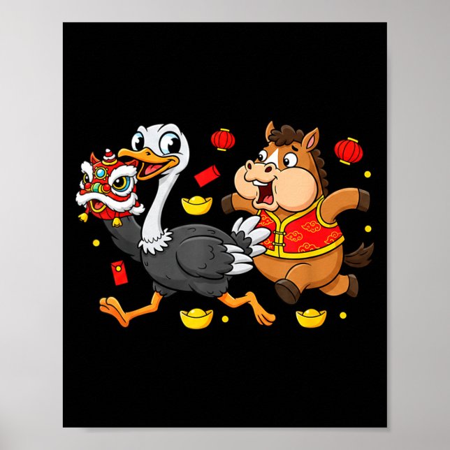 Chinesisches Pferd Strauß Lustige Kinder Männer Fr Poster (Vorne)