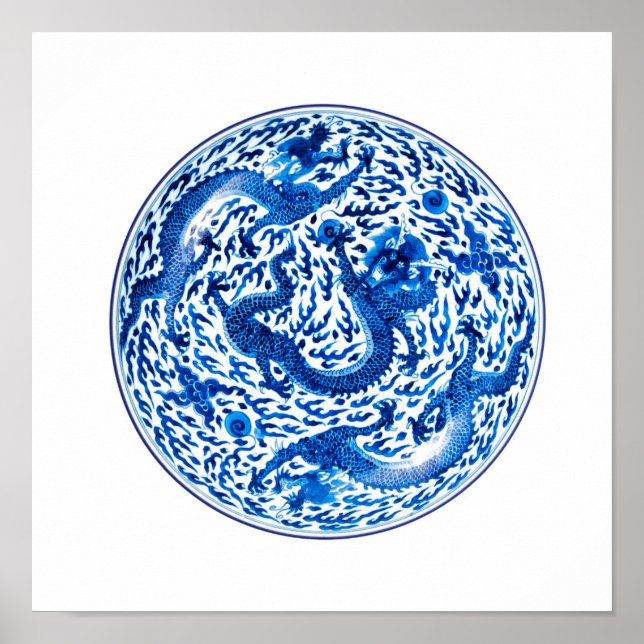 Chinesisches Plättchen, Kobalt-blaue Drachen Poster (Vorne)