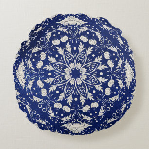 Chinesisches Porzellan: Blauer Wasserfarbenflor Rundes Kissen