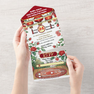 Chinesisches Rotes Laterne Altes Gebäude Hochzeits All In One Einladung