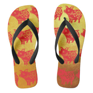 Chinesisches Schweinejahr Roter Papierschnitt Gold Flip Flops
