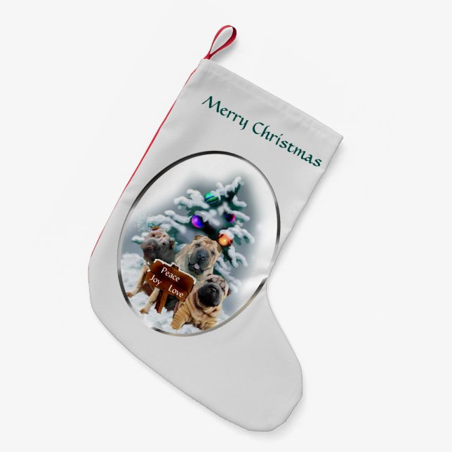 Chinesisches Shar-Pei Trio Weihnachten Kleiner Weihnachtsstrumpf (Vorderansicht (hängend))