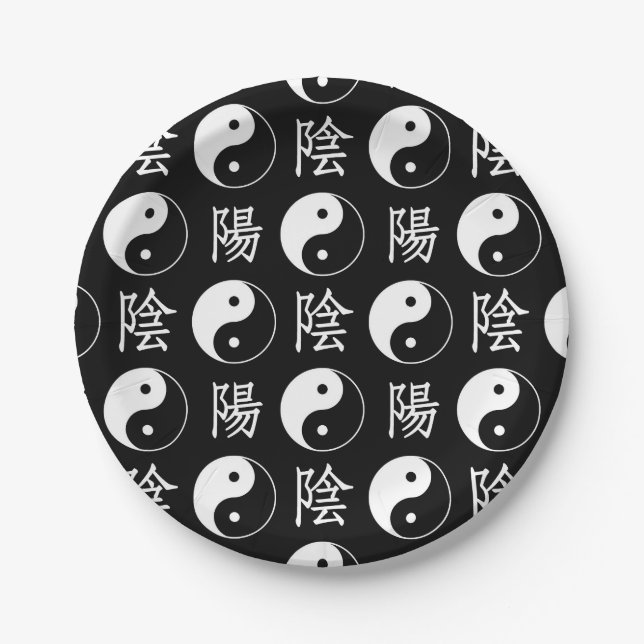 Chinesisches Textmuster für das Black Yinyang-Symb Pappteller (Vorderseite)