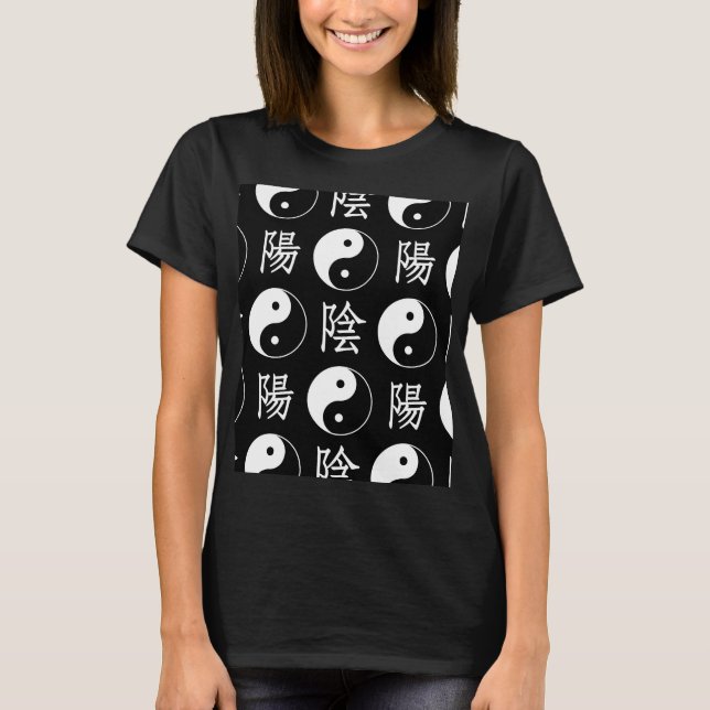 Chinesisches Textmuster für das Black Yinyang-Symb T-Shirt (Vorderseite)