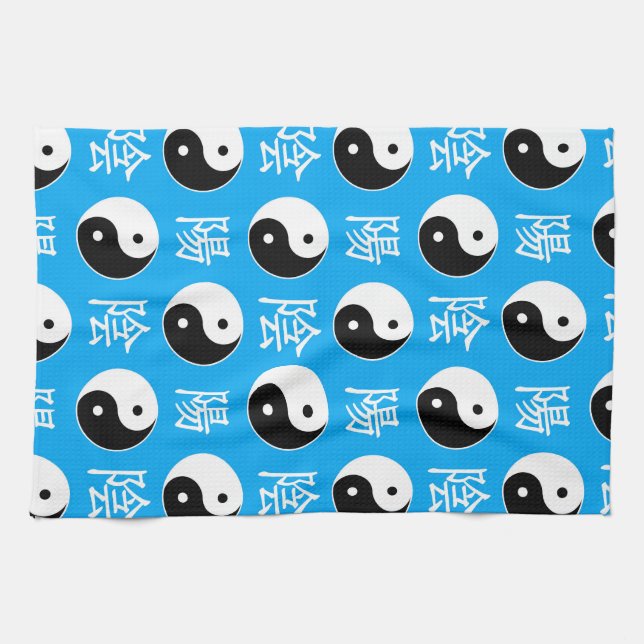 Chinesisches Yinyang-Muster mit blauem Hintergrund Geschirrtuch (Horizontal)