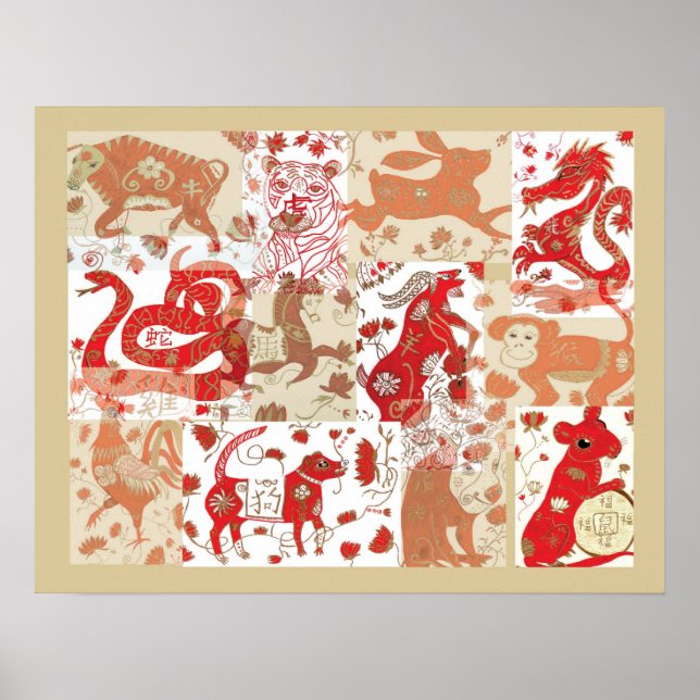 Chinesisches Zodiac Mixed Media Collage Poster (Vorne)