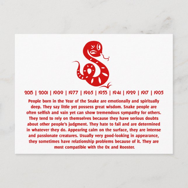 CHINESISCHES ZODIAC PAPERCUT SNAKE ILLUSTRIERTES S POSTKARTE (Vorderseite)