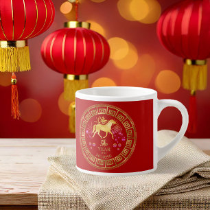 Chinesisches Zodiac Pferd Rot/Gold-ID542 Espressotasse