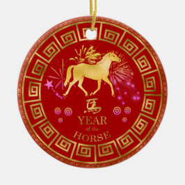 Chinesisches Zodiac Pferd Rot/Gold-ID542 Keramik Ornament