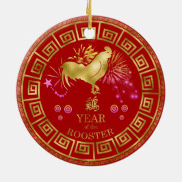 Chinesisches Zodiac-Rooster Rot/Gold-ID542 Keramik Ornament