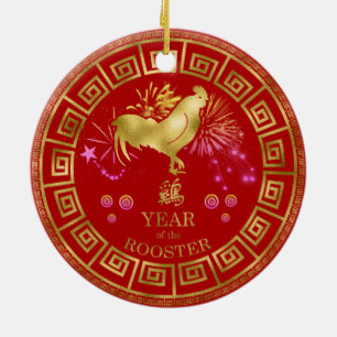 Chinesisches Zodiac-Rooster Rot/Gold-ID542 Keramik Ornament
