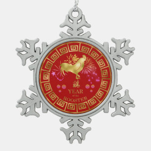 Chinesisches Zodiac-Rooster Rot/Gold-ID542 Schneeflocken Zinn-Ornament