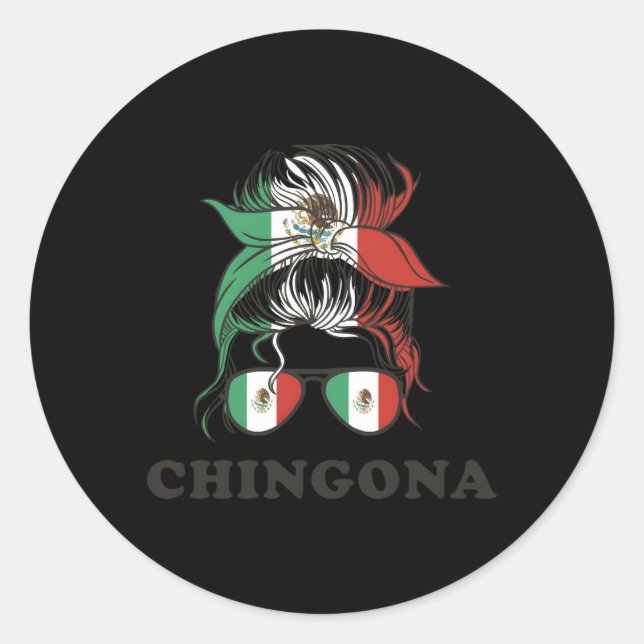 Chingona Mexico Messy Bun Mexican Flag Runder Aufkleber (Vorderseite)