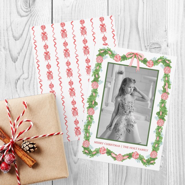 Chinoiserie Al Pentolino Feiertagskarte (Watercolor Chinoiserie Ornaments Garland Christmas Holiday Card)