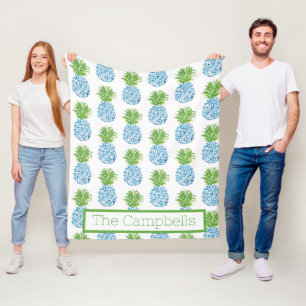 Chinoiserie-Ananas Blau-Weiß Personalisiert Fleecedecke