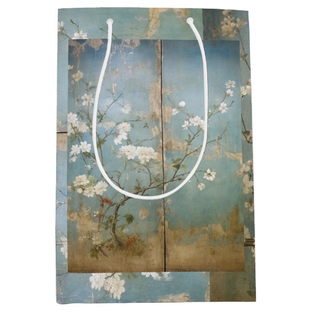 Chinoiserie Antiqued Blue Panels & Cherry Trees Mittlere Geschenktüte (Vorderseite)