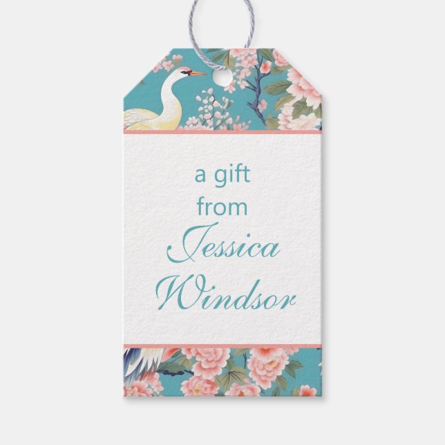 Chinoiserie Aquamarin Floral Egret Geschenkanhänger (Vorderseite)