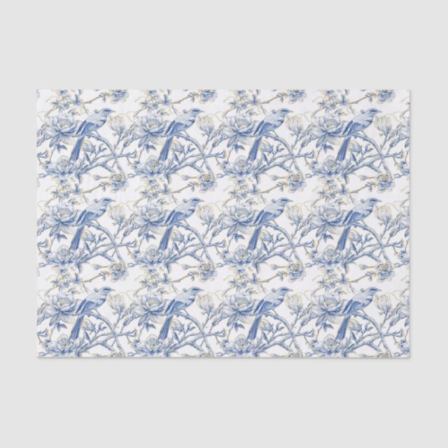 Chinoiserie Asian Bird White Blue Floral Entdeckun Seidenpapier (Vorderseite)