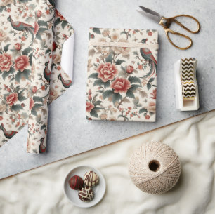 Chinoiserie Asian Bird White Red Flora Geschenkpapier