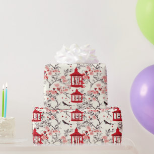 Chinoiserie Asian Floral Painting Red Decoupage Geschenkpapier